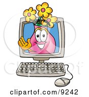 Vase Of Flowers Mascot Cartoon Character Waving From Inside A Computer Screen