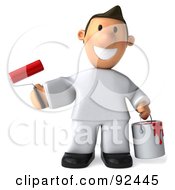 Royalty Free RF Clipart Illustration Of A 3d Toon Guy House Painter Holding A Can And Brush Facing Front