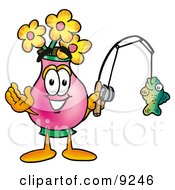 Vase Of Flowers Mascot Cartoon Character Holding A Fish On A Fishing Pole