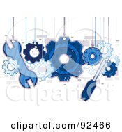 Poster, Art Print Of Blue Tools And Gears Hanging From Strings