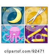 Poster, Art Print Of Digital Collage Of M N O And P Letter Flashcards With The Moon Needles Octopus And Pencils