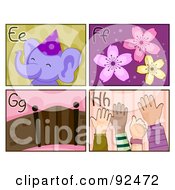 Poster, Art Print Of Digital Collage Of E F G And H Letter Flashcards With An Elephant Flowers Gate And Hands