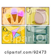 Poster, Art Print Of Digital Collage Of I J K And L Letter Flashcards With Ice Cream A Jar Kite And Ladder