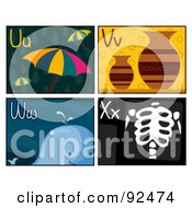 Poster, Art Print Of Digital Collage Of U V W And X Letter Flashcards With Umbrellas Vases A Whale And Xray