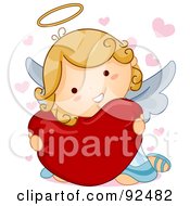 Poster, Art Print Of Cute Blond Angel Hugging A Heart Pillow