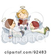 Poster, Art Print Of Three Cute Cute Angels Reading On A Cloud