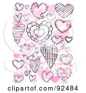 Royalty Free RF Clipart Illustration Of A Collage Of Black Doodle Hearts Over Pink Hearts