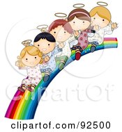 Group Of Cute Angels Waving And Riding Down A Rainbow Slide