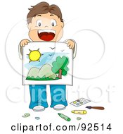 Poster, Art Print Of Brunette Boy Showing Off His Drawing