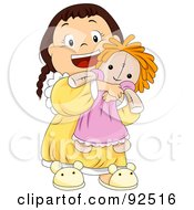 Royalty Free RF Clipart Illustration Of A Brunette Girl In Yellow Pjs Hugging Her Doll