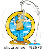 Royalty Free RF Clipart Illustration Of A Waving Man On Shore And Fishing by Andy Nortnik