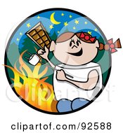 Brunette Girl Holding Chocolate And Roasting A Marshmallow By A Campfire