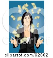 Business Woman Surrounded By Falling Cash On Blue