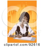 Poster, Art Print Of Business Woman Looking Up And Writing Over An Orange Urban Background