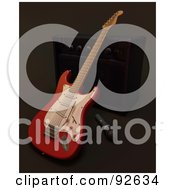 Royalty Free RF Clipart Illustration Of A 3d Electric Guitar By A Speaker And Microphone by KJ Pargeter