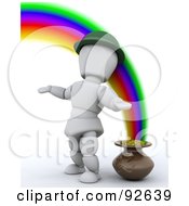 3d White Character Standing By A Pot Of Gold At The End Of A Rainbow