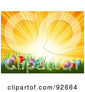 Poster, Art Print Of Royalty-Free Rf Clipart Illustration Of An Orange Sunset Over Colorful Easter Eggs In Spring Grass