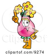 Vase Of Flowers Mascot Cartoon Character Pointing Upwards