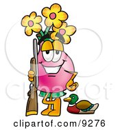 Vase Of Flowers Mascot Cartoon Character Duck Hunting Standing With A Rifle And Duck