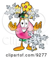 Vase Of Flowers Mascot Cartoon Character With Three Snowflakes In Winter by Mascot Junction