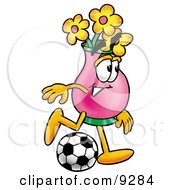 Poster, Art Print Of Vase Of Flowers Mascot Cartoon Character Kicking A Soccer Ball