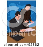 Royalty Free RF Clipart Illustration Of A Business Woman And Man Discussing Forms At A Table by mayawizard101