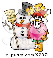 Poster, Art Print Of Vase Of Flowers Mascot Cartoon Character With A Snowman On Christmas