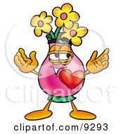 Vase Of Flowers Mascot Cartoon Character With His Heart Beating Out Of His Chest