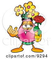 Vase Of Flowers Mascot Cartoon Character Holding A Red Rose On Valentines Day