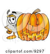 Golf Ball Mascot Cartoon Character With A Carved Halloween Pumpkin