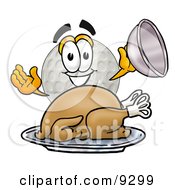 Poster, Art Print Of Golf Ball Mascot Cartoon Character Serving A Thanksgiving Turkey On A Platter