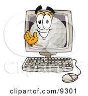 Golf Ball Mascot Cartoon Character Waving From Inside A Computer Screen