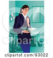Royalty Free RF Clipart Illustration Of A Business Woman Holding A Book And Standing In An Office