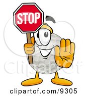 Golf Ball Mascot Cartoon Character Holding A Stop Sign
