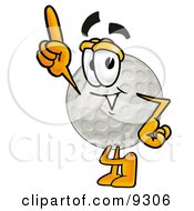 Clipart Picture Of A Golf Ball Mascot Cartoon Character Pointing Upwards