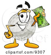 Golf Ball Mascot Cartoon Character Holding A Dollar Bill