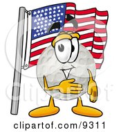 Golf Ball Mascot Cartoon Character Pledging Allegiance To An American Flag
