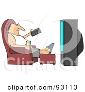 Relaxed Guy Sitting In A Chair With A Beverage Pointing A Remote At A Tv