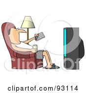 Relaxed Man Slouching In A Chair With A Canned Beverage Pointing A Remote At A Television