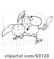 Royalty Free RF Clipart Illustration Of An Outlined Brave Gladiator Knight Running With A Shield And Sword