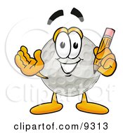 Golf Ball Mascot Cartoon Character Holding A Pencil