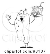 Royalty Free RF Clipart Illustration Of An Outlined Hot Dog Character Holding Fast Food On A Tray