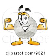 Clipart Picture Of A Golf Ball Mascot Cartoon Character Flexing His Arm Muscles