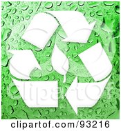 Poster, Art Print Of White Recycling Symbol And Leaf On A Wet Green Background