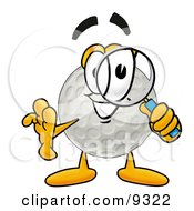 Clipart Picture Of A Golf Ball Mascot Cartoon Character Looking Through A Magnifying Glass