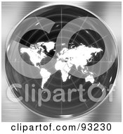 Royalty Free RF Clipart Illustration Of A Round Radar Screen With A White World Map Over Brushed Metal