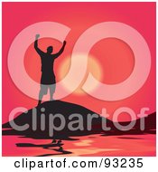 Poster, Art Print Of Black Silhouetted Man On A Hill Top Over The Sea Against A Red Sunset
