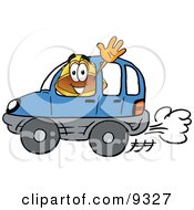 Hard Hat Mascot Cartoon Character Driving A Blue Car And Waving