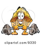 Hard Hat Mascot Cartoon Character Lifting A Heavy Barbell