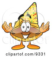 Hard Hat Mascot Cartoon Character Wearing A Birthday Party Hat